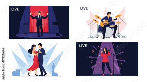 Dynamic set of live performance scenes features a pianist, a drummer, a pair of ballroom dancers, and a female pop singer on stage.