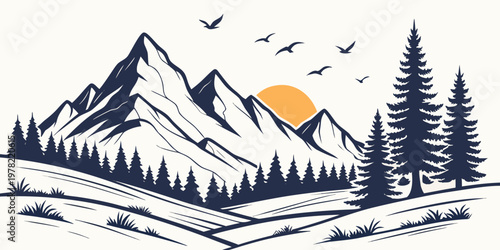 Majestic mountain landscape with pine trees and birds mountains landscape evergreen outdoors wilderness serenity peaceful tranquil illustration silhouette environment