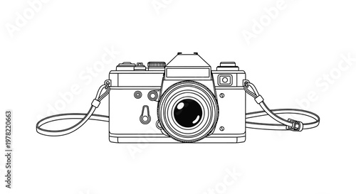 A detailed line drawing of a vintage single lens reflex camera