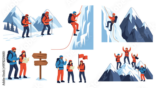 Adventure seekers participate in mountain hiking and ice climbing activities in a snowy alpine environment with professional gear.