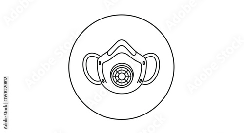 Technical line art illustration of a professional respirator face mask with an air filter inside a circular border frame.