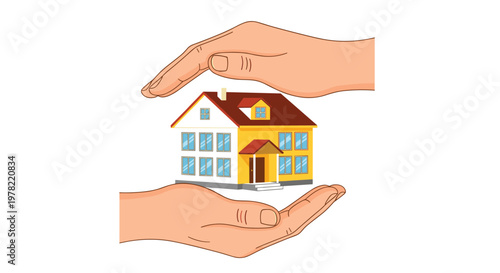 Pair of large human hands gently cupping and protecting a yellow family house to symbolize home insurance and family safety.