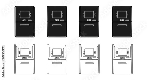 Eight atm machines depicted in black and white line art style
