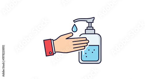 Illustration of a hand using an antiseptic sanitizer dispenser bottle to clean and protect from germs during an outbreak.