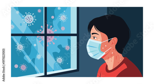 Man wearing a blue medical face mask looking sadly through a window at virus molecules floating in the air outside his home.