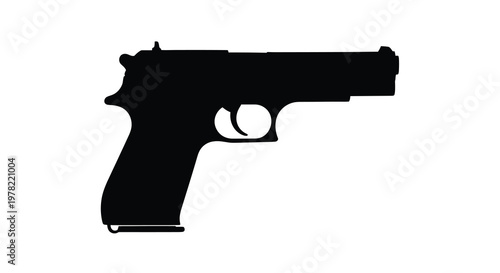 A stark black firearm depiction with distinct contours presented as a silhouette