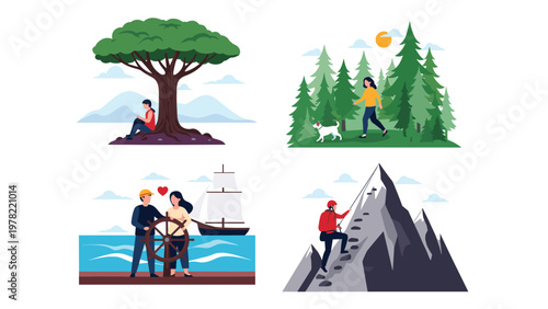 Group of illustrations showcases outdoor activities like reading under a tree, walking a dog, sailing a boat, and climbing a mountain.