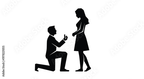 A silhouetted image of a man proposing marriage to a woman