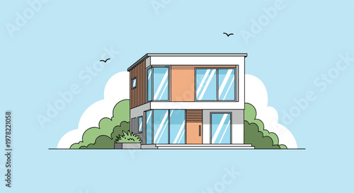 Modern two story residential house with large glass windows and minimalist architectural design surrounded by green bushes.