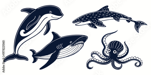 Ocean creatures cartoon set with dark blue marine life animal illustration dolphin illustration whale illustration shark illustration octopus illustration aquatic illustration