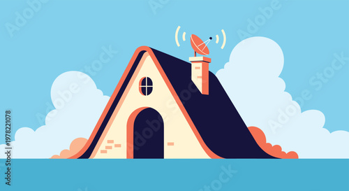 Small simple house with a satellite dish on its roof situated against a clear blue sky with white clouds for communication theme.