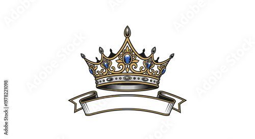 Royal Crown with Ribbon Banner, Heraldic Symbol of Power and Authority
