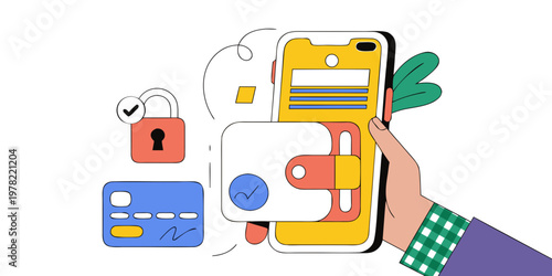 Hand holding smartphone for mobile payment with credit card wallet lock icon e commerce check mark smartphone security transaction technology e-commerce shopping illustration