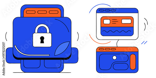 Abstract illustration of secure digital system with locked robot and web pages artificial intelligence security technology protection cybersecurity computer software internet