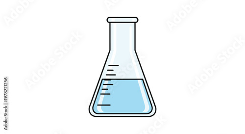 Science laboratory conical flask filled with blue liquid used for chemistry experiments and research on white background.