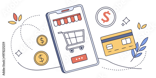 Mobile storefront and online shopping with e-commerce shopping cart credit card payment digital coins illustration e commerce mobile app web store internet shopping purchase