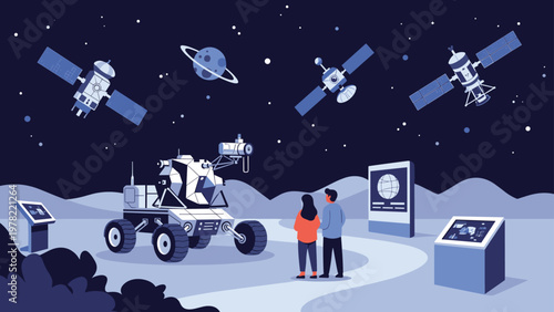 Tourists explore an outdoor space museum featuring various satellites, a lunar rover, and informative displays on the moon surface.