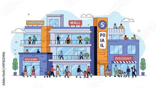 Modern multi-story shopping mall exterior displays various stores, discount shops, and people walking around with shopping bags.