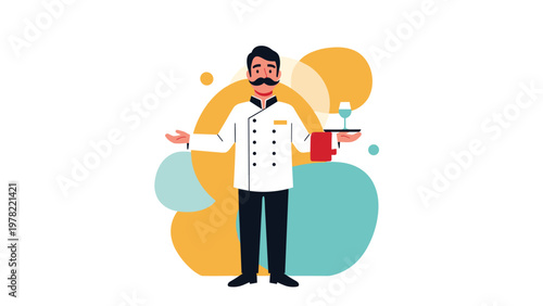 Professional moustachioed waiter in a white chef coat stands ready to serve a glass of wine on a tray against a colorful background.