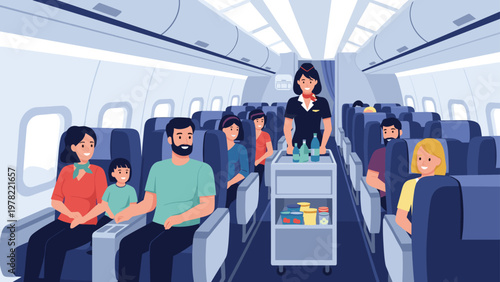 Friendly flight attendant serving drinks and snacks from a cart to passengers sitting in an airplane cabin during flight.