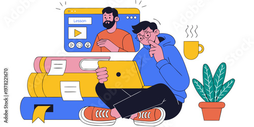 Man studying online class with teacher on screen flat illustration e learning education learning e-learning university knowledge technology internet tutorial academic