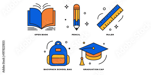 Colorful education and school learning icons set with open book pencil ruler backpack school bag graduation cap symbols school supplies back to school graphic resource education