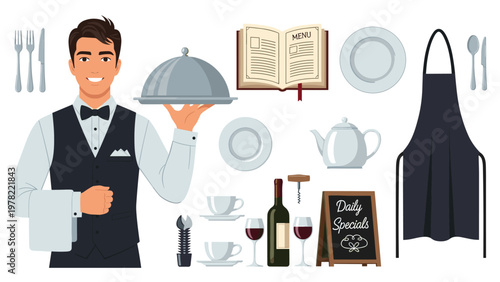 Professional male waiter holding a serving tray surrounded by various restaurant icons like menu wine and dining set.
