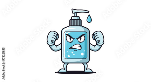 Powerful cartoon hand sanitizer bottle with muscles and an angry expression, symbolizing the fight against germs and bacteria for protection.