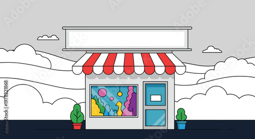 Charming illustration of a small boutique or shop front with a striped awning and a large blank sign above the entrance for custom branding.