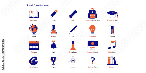 Comprehensive set of school education icons for learning and academic subjects including science art music general study tools with graphic elements graduation cap test tube learning