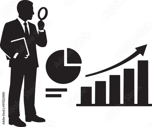 Man in suit examines magnifying glass with business graphics