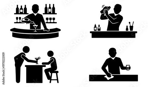 Bartender silhouette icon set, professional barman mixing cocktails and serving drinks, black pictograms of restaurant staff at work
