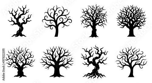 Spooky dead tree silhouettes set, 8 black bare branch tree icons, creepy winter forest wood elements for Halloween design and landscape decor