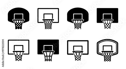 Basketball hoop icon set, 8 black and white basketball backboard vector symbols, minimalist sports equipment graphics for web and app design