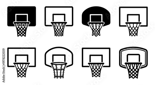 Basketball hoop icon set, black basketball backboard and net vector illustrations, 8 sports equipment symbols for court games and athletic competition