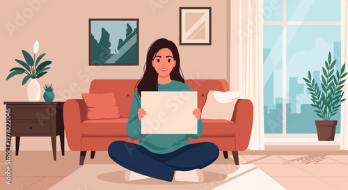 Woman sitting on a rug in a cozy living room holds up a large blank white sign, perfect for adding custom text or a personalized message.