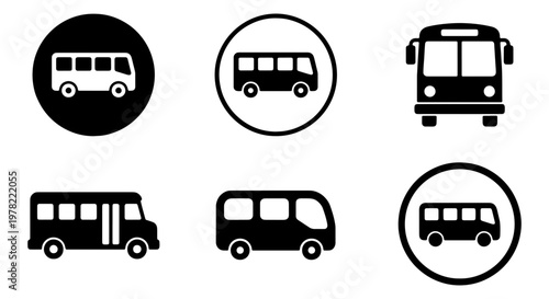 Bus icon set with 6 vector elements, black and white public transport symbols, shuttle and school bus silhouettes for transit maps and signage
