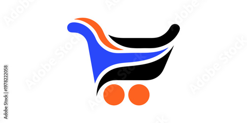 Abstract colorful shopping cart icon with blue orange black dynamic design elements representing modern online commerce shopping trolley e commerce express delivery fast shopping