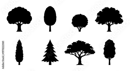 Black tree silhouettes collection, set of 8 minimalist forest tree icons, flat vector nature symbols for landscape design and architectural mapping