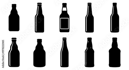 Minimalist beer bottle silhouettes, set of 10 glass bottle icons in black and white, flat vector beverage packaging elements for brewery branding