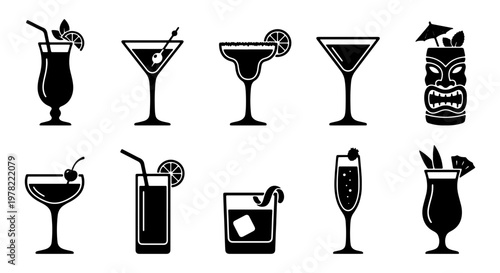 Minimalist cocktail icons set, black silhouette alcoholic drink illustrations, 10 vector beverage elements for bar menus and party invitations