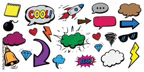 Colorful hand drawn pop art comic doodle elements set. Rocket, speech bubbles, cool text, bell, lightning and diamond vector illustration isolated