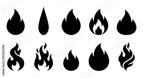 Minimalist fire flame icon set, black silhouette bonfire symbols, collection of 10 vector fire elements for logo design and web interface