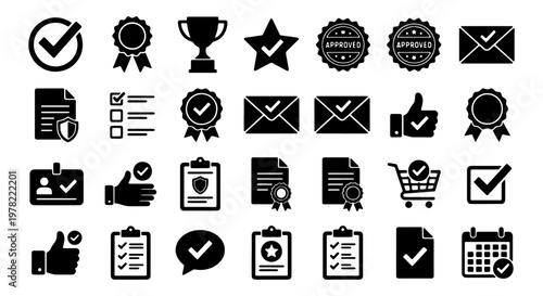 Black approval icons set, 28 quality assurance and verification symbols, checkmark and certificate vector elements for business compliance