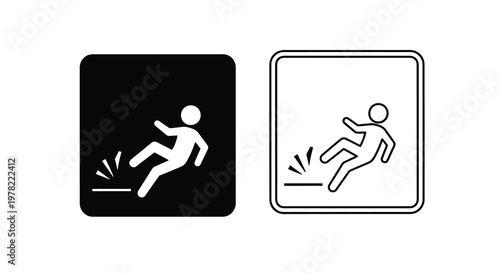Warning sign depicting a person slipping on a surface black and white silhouette