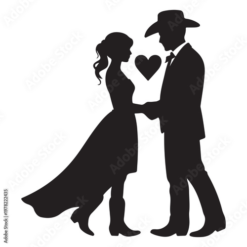 Romantic Cowboy Couple Silhouette with Heart – Western Love Vector Illustration
