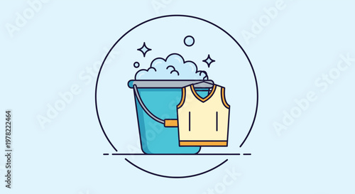 Blue bucket of soapy water with bubbles and a yellow vest icon, symbolizing cleaning services, laundry tasks, and household maintenance.