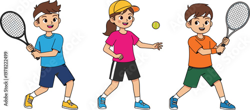 Kids playing tennis set with boys and girl holding rackets and ball cartoon vector illustration collection isolated on white background