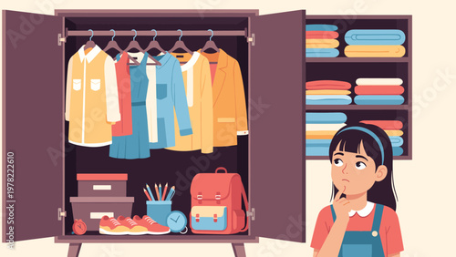 Young girl looking thoughtfully at her open wardrobe filled with various clothes shoes and school supplies for day.