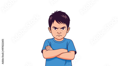 Emotional portrait of a young boy looking angry and frustrated with his arms tightly crossed standing on white background.